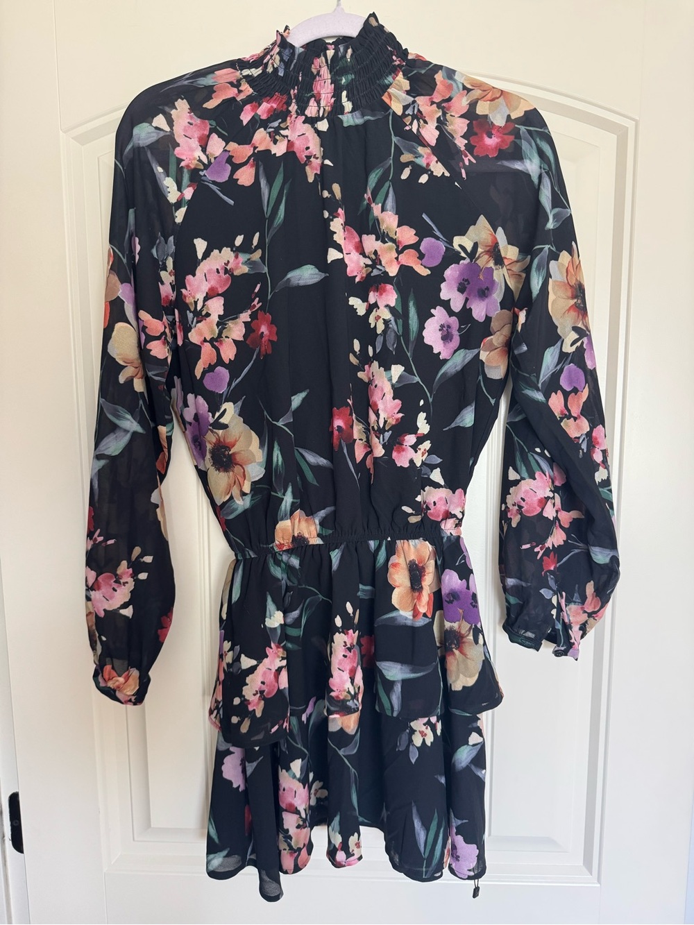 Yumi Kim Black Floral Long-Sleeve Smocked-Neck Dress with Pink & Purple Flowers